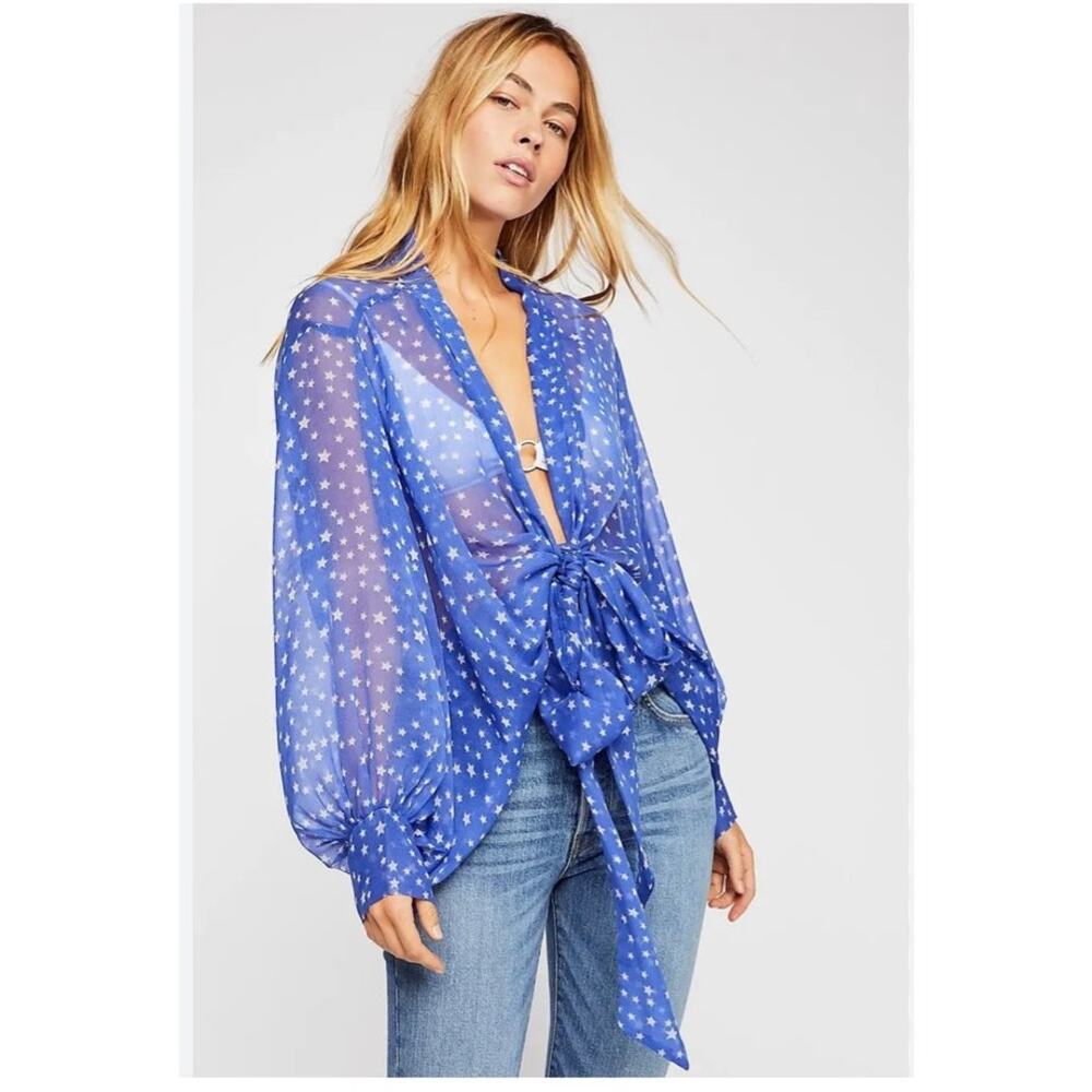 Free People Blue Sheer Star Print Boho Tie Front Kimono Cover Up OS